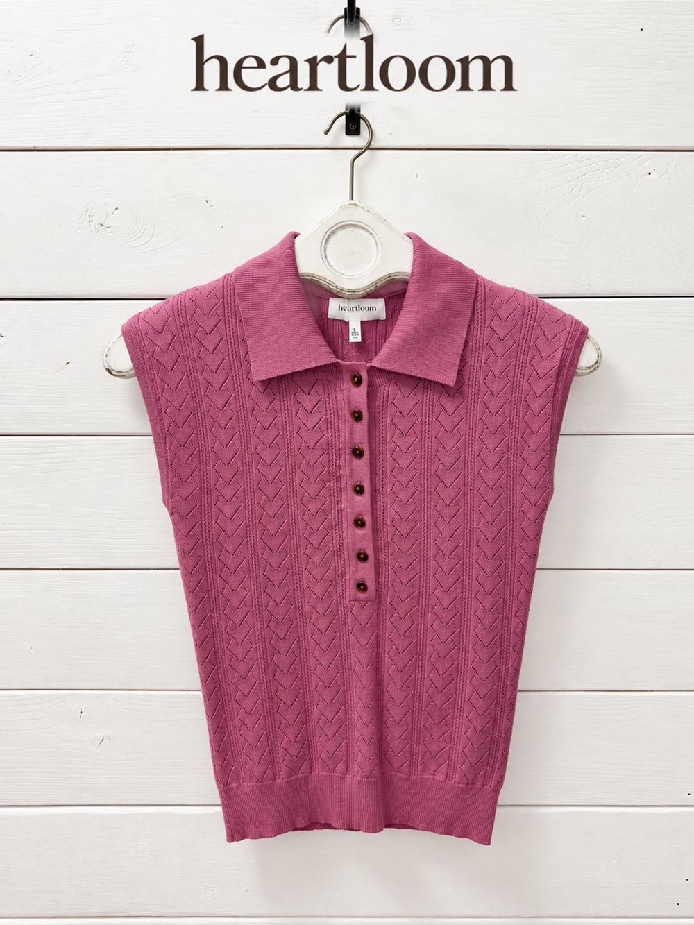 Heartloom Sleeveless Pointelle Knit Polo Top – Pink – Size S
